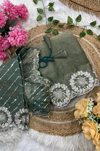 green chiffon silk blend embroidered saree with stitched blouse