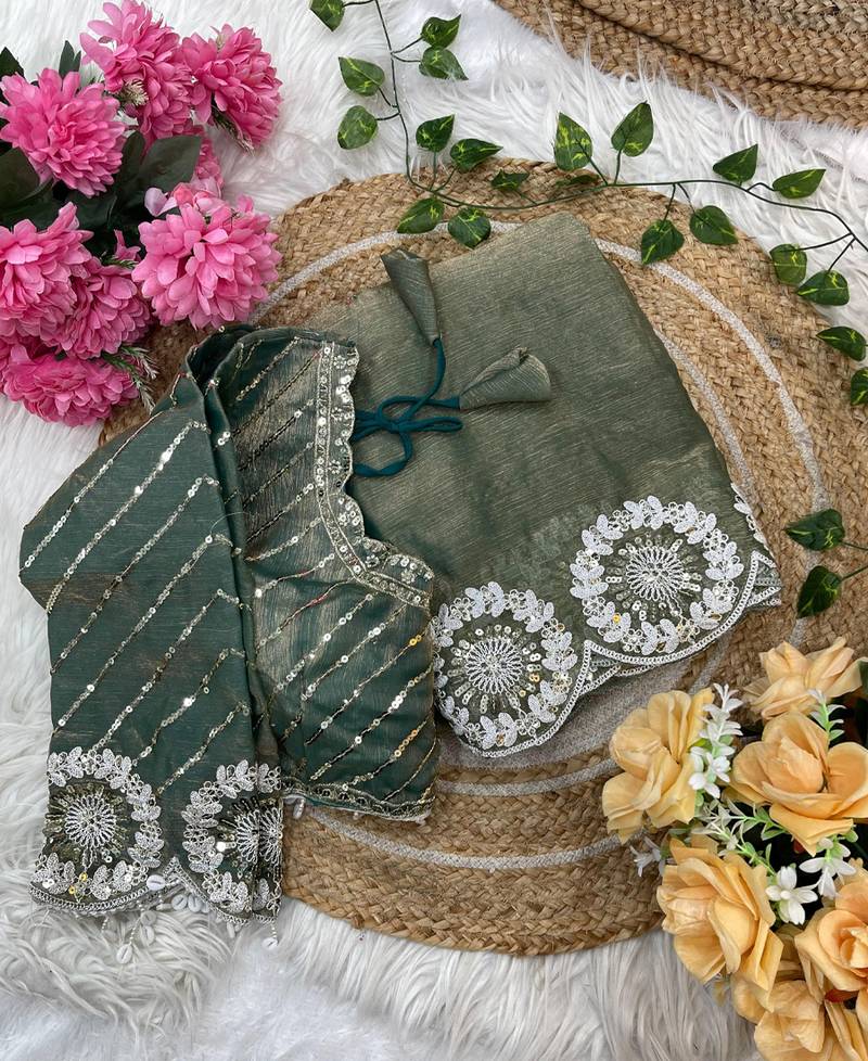 green chiffon silk blend embroidered saree with stitched blouse