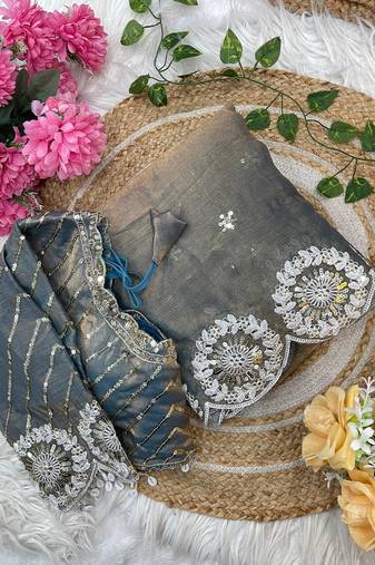 grey chiffon silk blend embroidered saree
