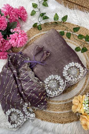 lilac chiffon silk blend embroidered saree