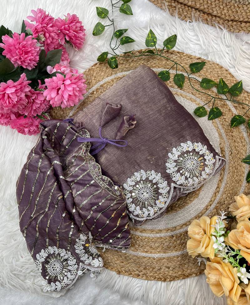 lilac chiffon silk blend embroidered saree with stitched blouse