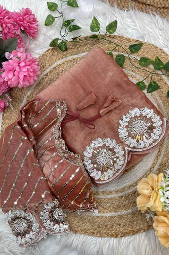 orange chiffon silk blend embroidered saree