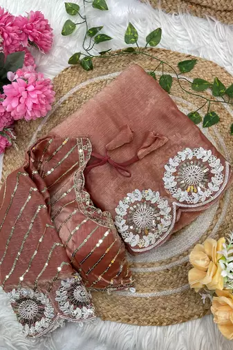 orange chiffon silk blend embroidered saree with stitched blouse