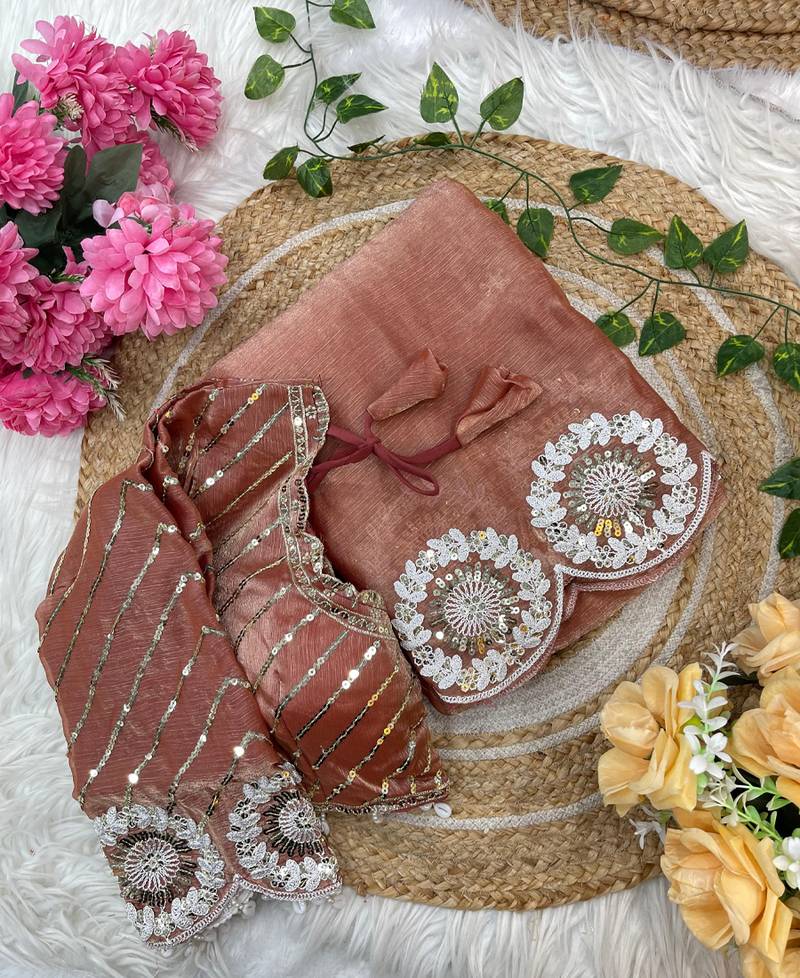 orange chiffon silk blend embroidered saree with stitched blouse