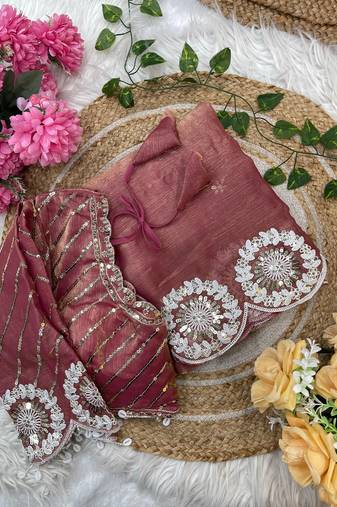 pink chiffon silk blend embroidered saree