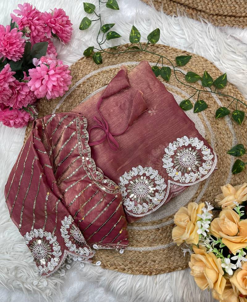 pink chiffon silk blend embroidered saree with stitched blouse