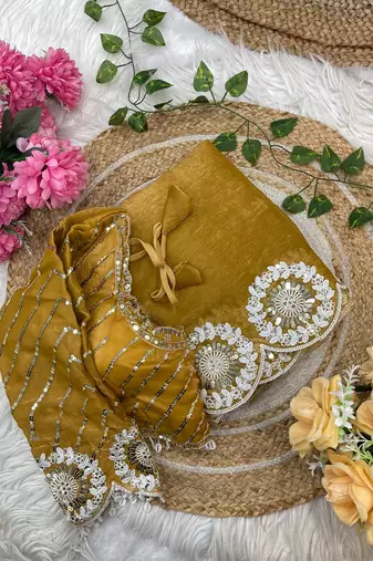 yellow chiffon silk blend embroidered saree with stitched blouse