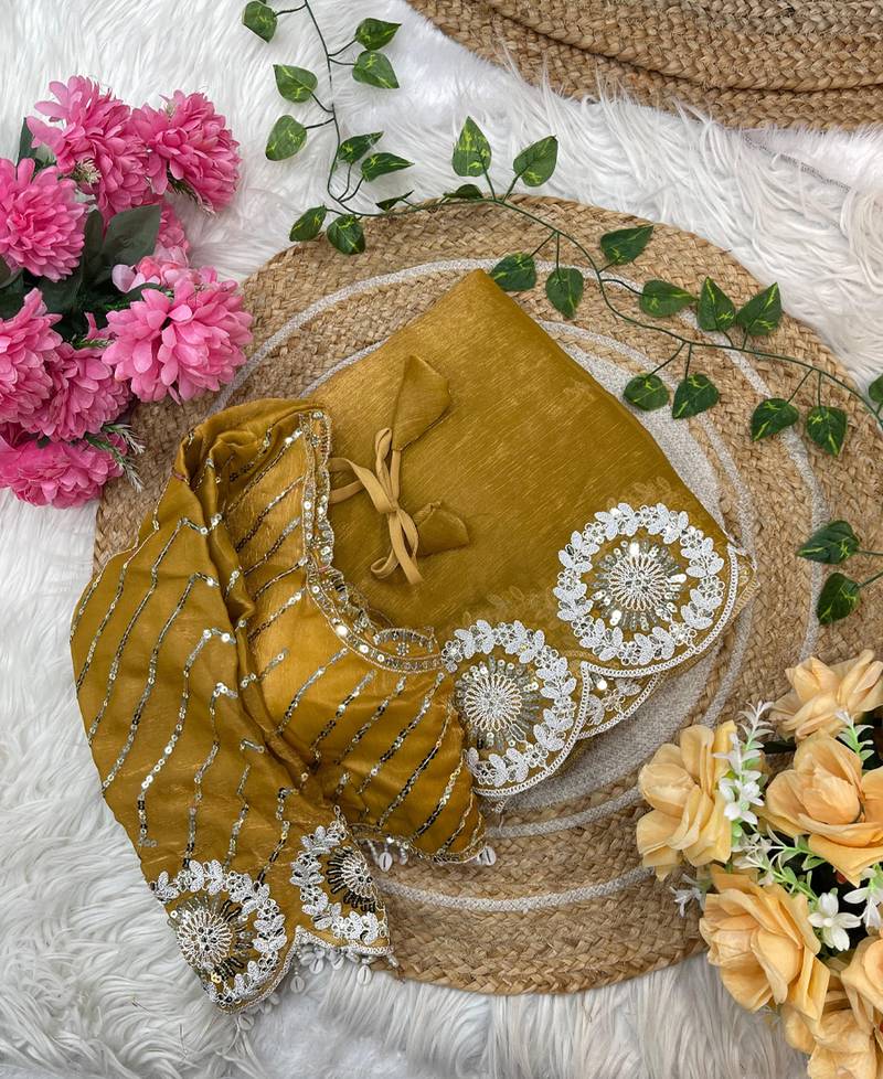 yellow chiffon silk blend embroidered saree with stitched blouse