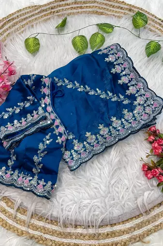 blue rangoli silk blend embroidered saree with stitched blouse