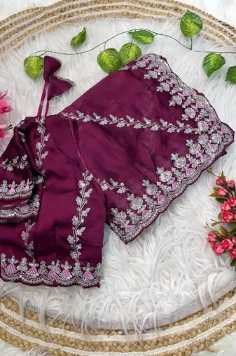 magenta rangoli silk blend embroidered saree with stitched blouse