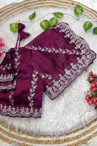 magenta rangoli silk blend embroidered saree with stitched blouse