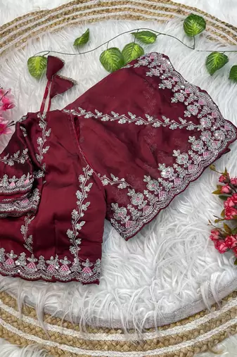 maroon rangoli silk blend embroidered saree with stitched blouse