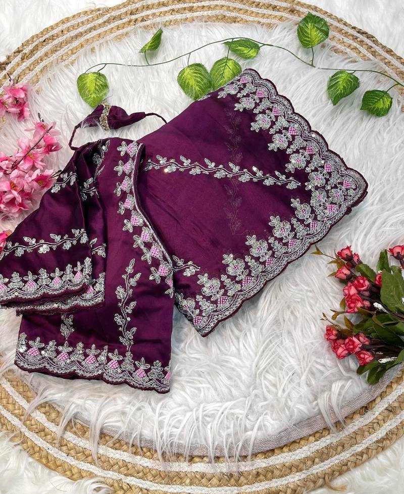 purple rangoli silk blend embroidered saree with stitched blouse