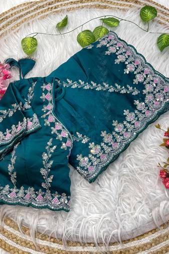 teal rangoli silk blend embroidered saree with stitched blouse