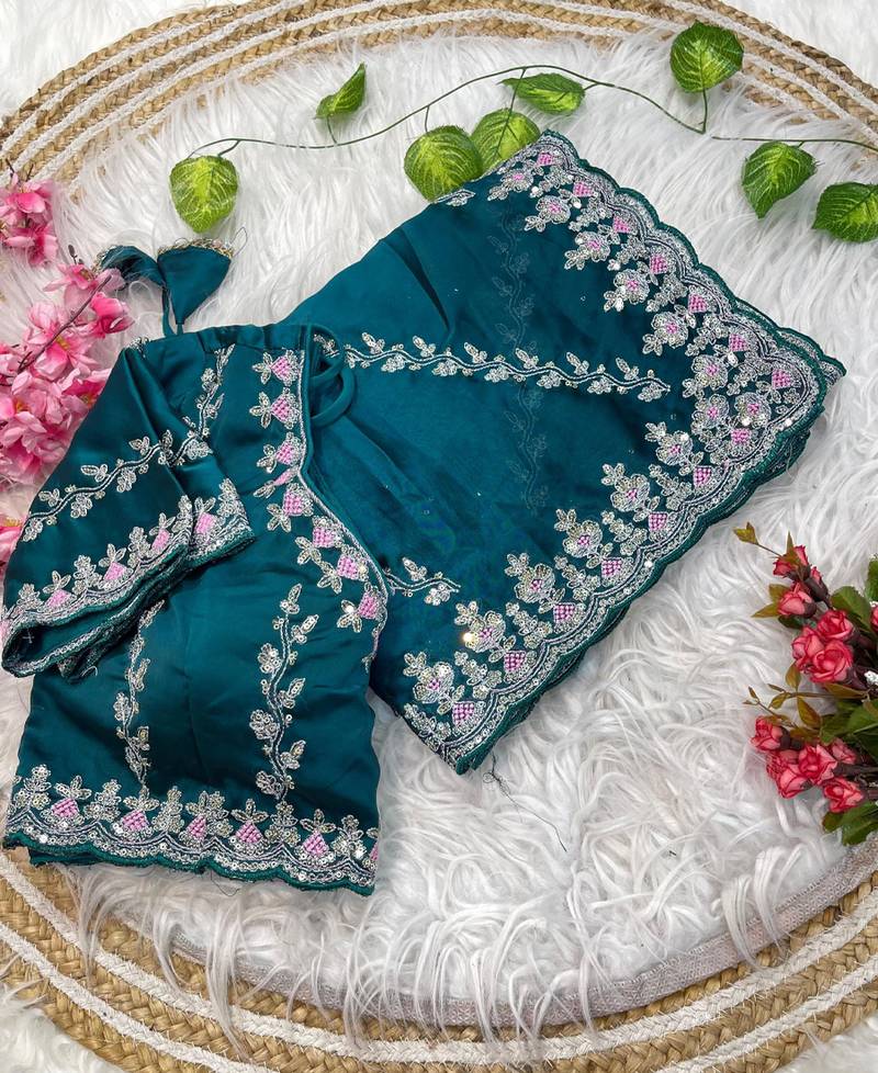 teal rangoli silk blend embroidered saree with stitched blouse