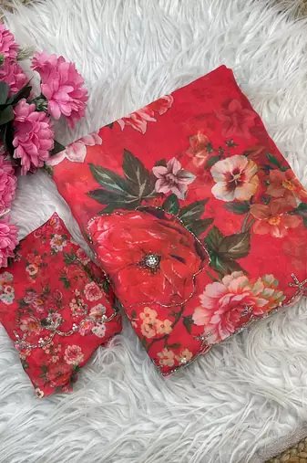 red floral printed georgette saree with hand work with stitched blouse