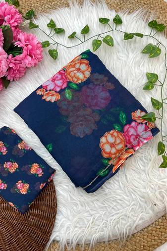 fancy blue floral printd georgette saree with zardozi hand work for women