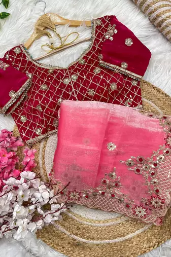 satin silk blend pink heavy embroidered saree with stitched blouse