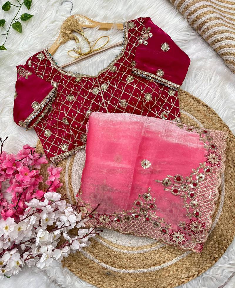satin silk blend pink heavy embroidered saree with stitched blouse