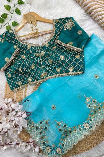 satin silk blend firozi heavy embroidered saree with stitched blouse