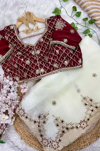 satin silk blend white heavy embroidered saree with stitched blouse
