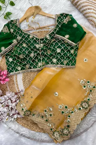 satin silk blend yellow heavy embroidered saree with stitched blouse