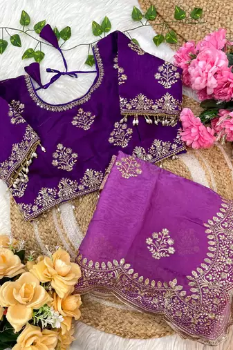 ombre pattern pink heavy embroidered saree with stitched blouse