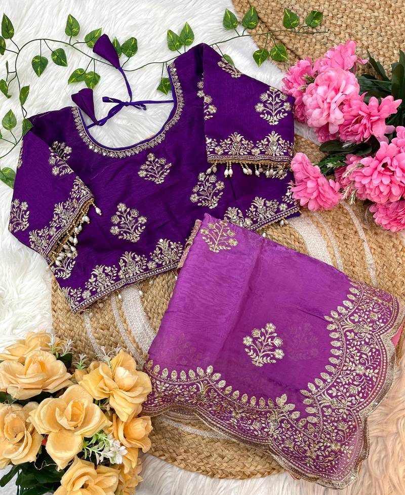 ombre pattern pink heavy embroidered saree with stitched blouse