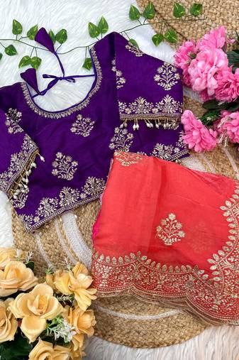 ombre pattern red heavy embroidered saree with stitched blouse