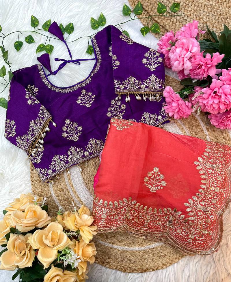 ombre pattern red heavy embroidered saree with stitched blouse