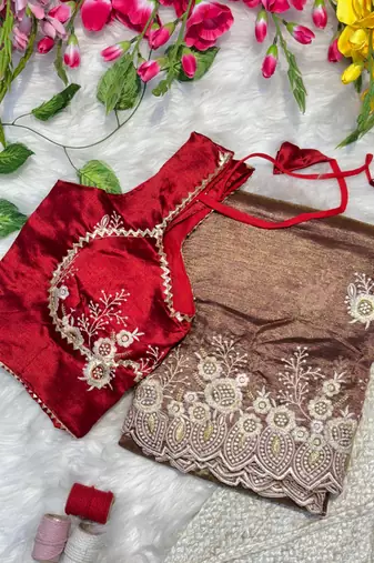 beige organza silk blend saree with stitched blouse