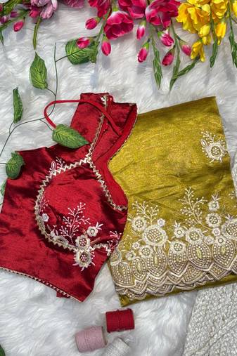 yellow organza silk blend saree with stitched blouse