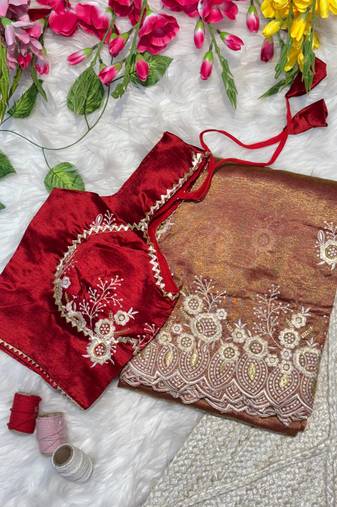 peach organza silk blend saree with stitched blouse