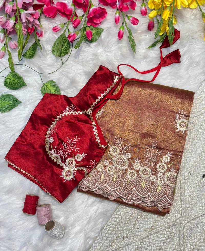 peach organza silk blend saree with stitched blouse