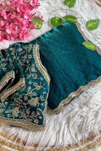 teal blue satin silk blend saree with diamond work  with stitched blouse