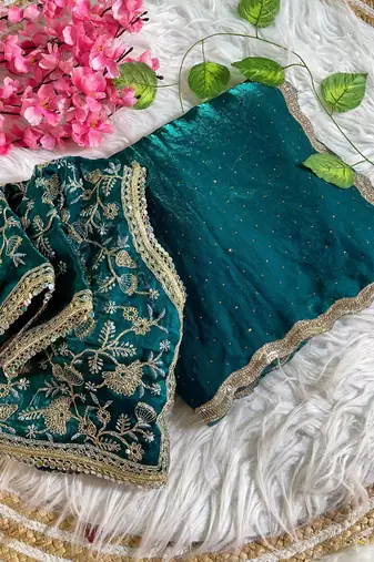 teal blue satin silk blend saree with diamond work  with stitched blouse