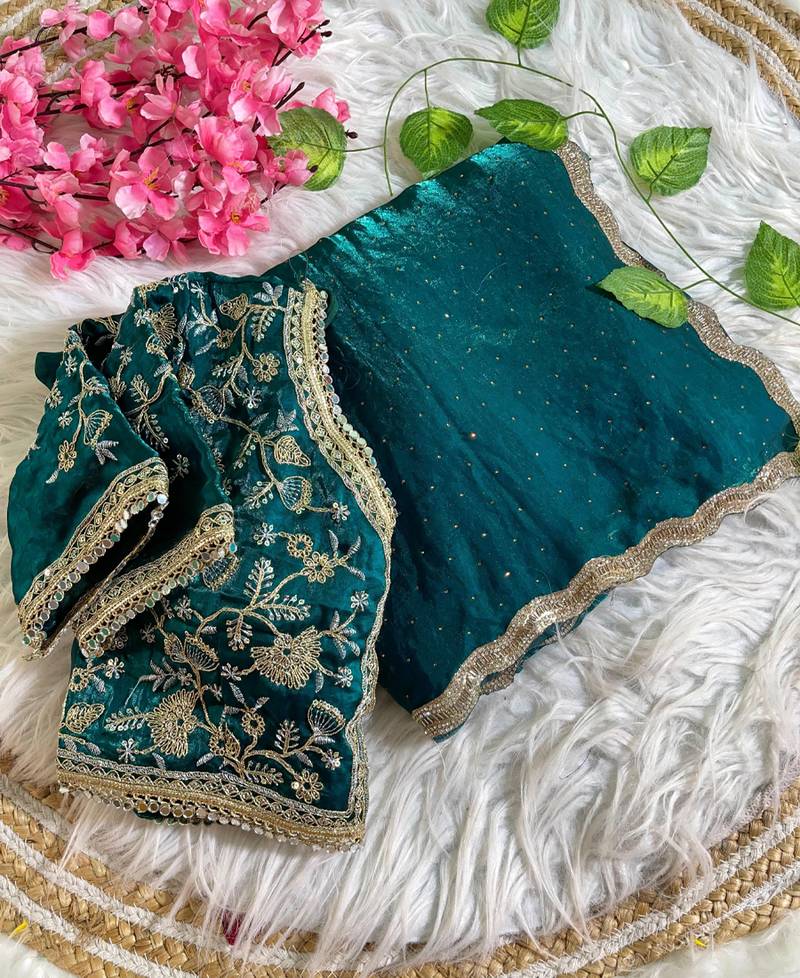 teal blue satin silk blend saree with diamond work  with stitched blouse