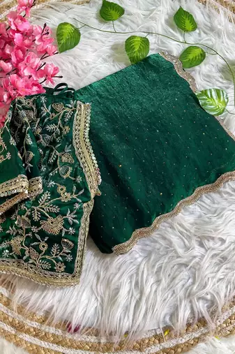 green satin silk blend saree with diamond work  with stitched blouse