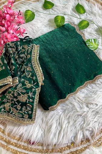 green satin silk blend saree with diamond work  with stitched blouse
