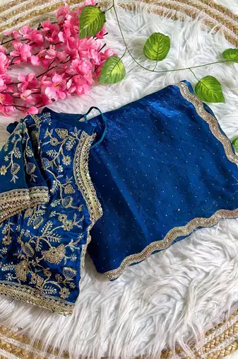 blue satin silk blend saree with diamond work  with stitched blouse