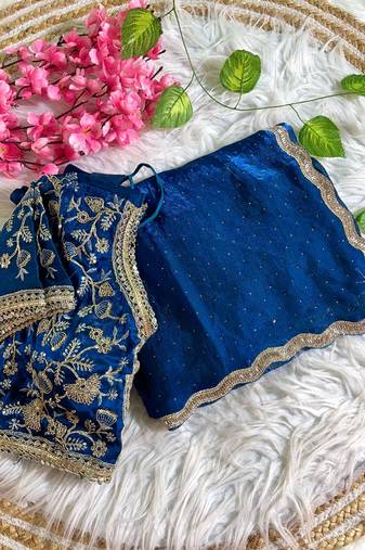blue satin silk blend saree with diamond work  with stitched blouse