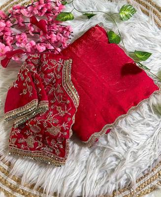 red satin silk blend saree with diamond work  with stitched blouse 1