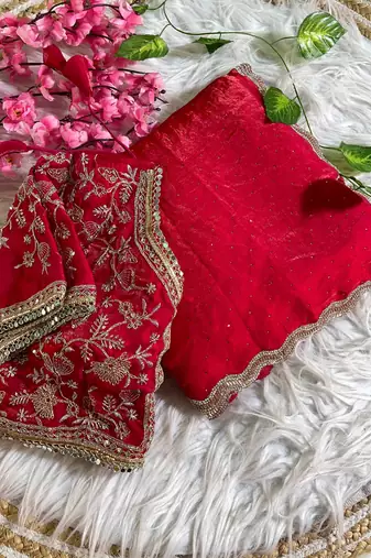 red satin silk blend saree with diamond work  with stitched blouse