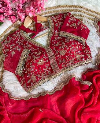 red satin silk blend saree with diamond work  with stitched blouse 2