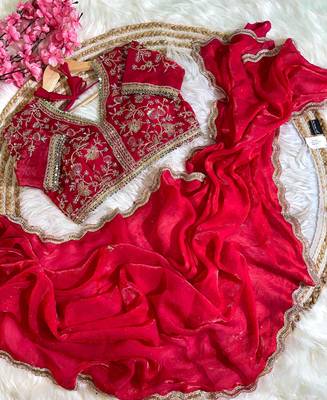 red satin silk blend saree with diamond work  with stitched blouse 3