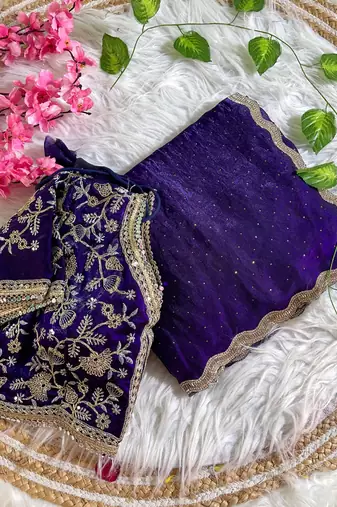 purple satin silk blend saree with diamond work  with stitched blouse