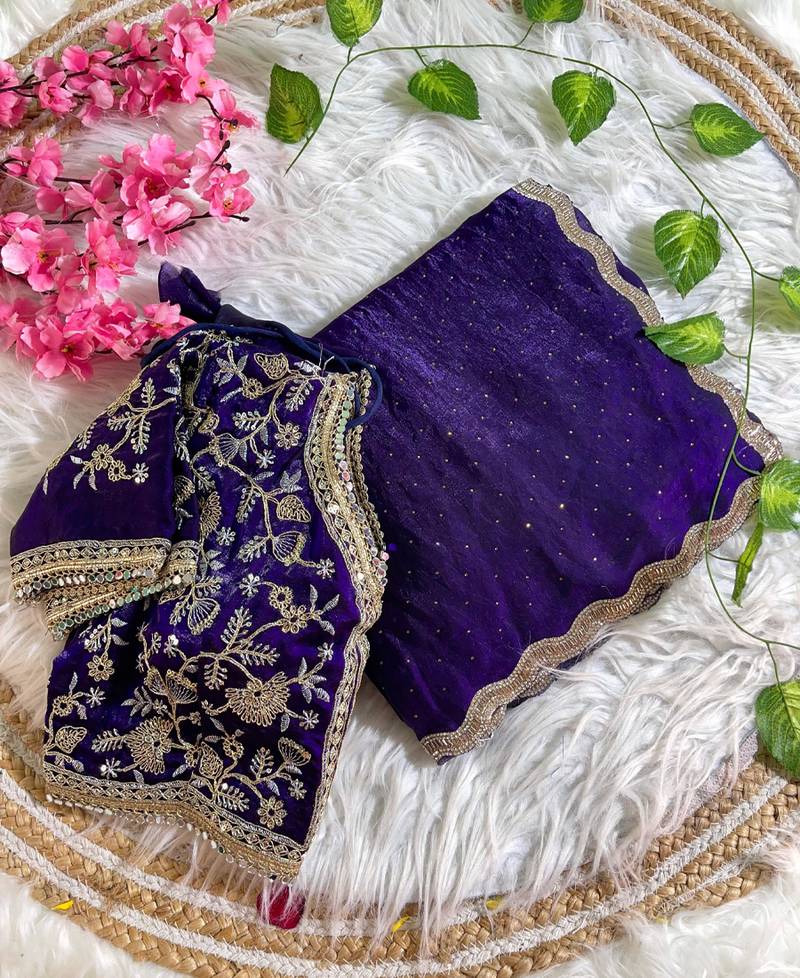 purple satin silk blend saree with diamond work  with stitched blouse