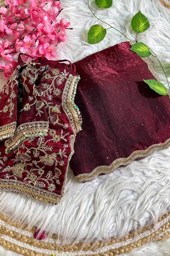 maroon satin silk blend saree with diamond work  with stitched blouse