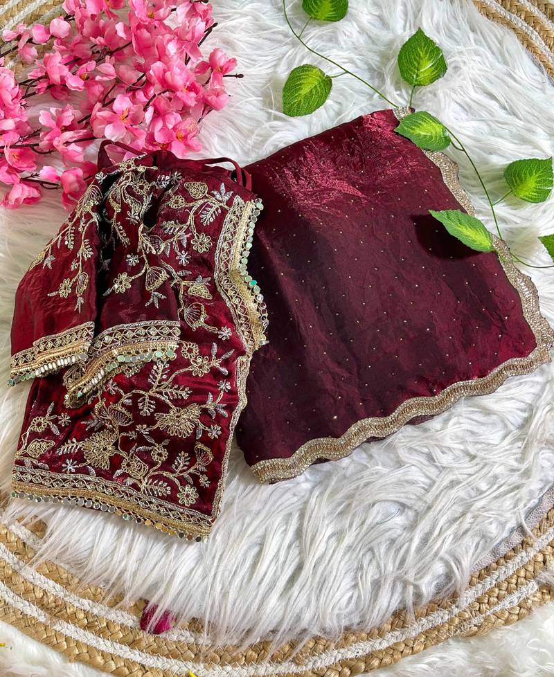 maroon satin silk blend saree with diamond work  with stitched blouse
