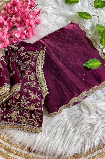 magenta satin silk blend saree with diamond work  with stitched blouse